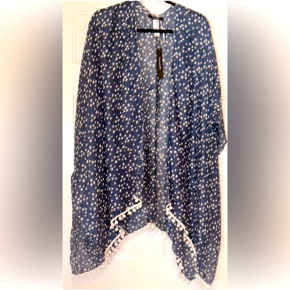 Tahari Kimono Shawl Cover Up Navy Blue White NWT Pom Pom Trim OSFM
